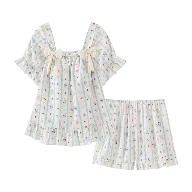 欧诗帛 带胸垫云朵棉短袖三分裤韩版宽松高颜值甜美家居服可外穿睡衣套装 女款