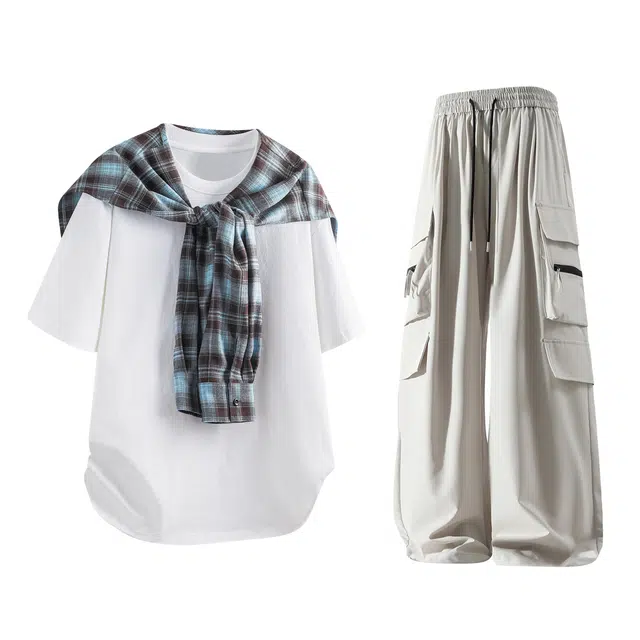 梓润格 夏季宽松显高版老钱风松弛感健身通勤两穿微弹不皱美式复古潮流简约小个子设计感氛围感透气百搭经典糯米裤休闲运动套装 男女同款