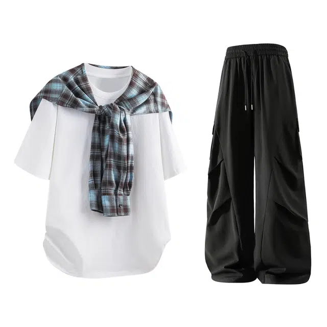 梓润格 夏季老钱风嘻哈风无性别主义时尚港风高级感精致美式复古潮流百搭经典简约宽松舒适设计氛围感轻薄透气裤子休闲运动套装 男女同款