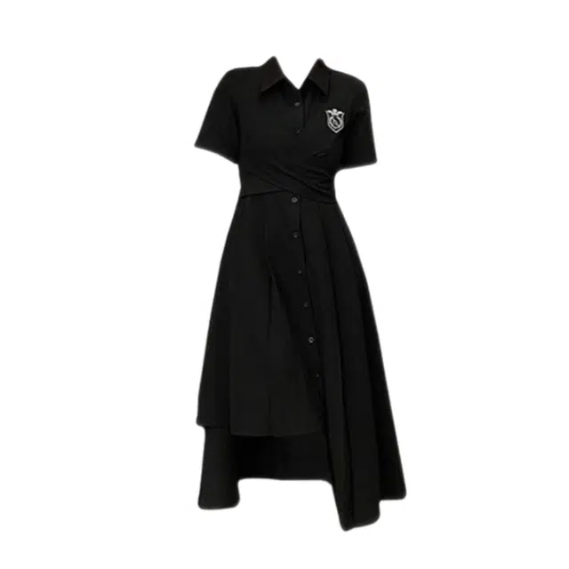 敲模女孩 学院风不规则裙摆设计感收腰气质高级感短袖连衣裙 女款