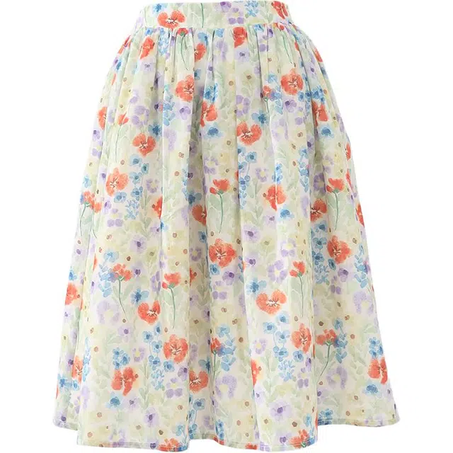 玫丝朵 复古高腰碎花半身裙花卉伞裙百搭百褶法式浪漫休闲长裙 女款