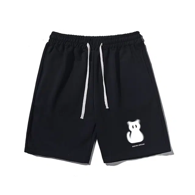 乱步 趣味设计猫印花透气凉感夏日宽松运动风青少年学生五分裤休闲短裤 男女同款