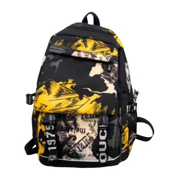 泰格奴 涂鸦清新轻便高颜值大容量背包初中高中大学生上课百搭书包 尼龙布 双肩包 男女同款情侣款 迷彩黄色/方块白色/字母白色/字母黑色