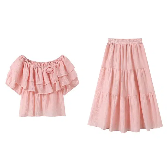 古莲菲 小清新甜美荷叶边套头短袖衬衫上衣高腰长款半身裙两件裙装套装 女款