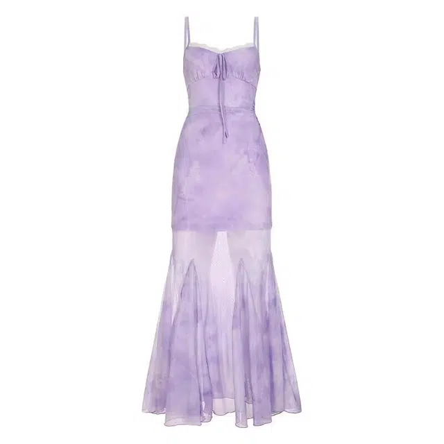 花蔓色 法式韩系清冷感蝴蝶碎花拼接包臀鱼尾长裙吊带连衣裙 女款