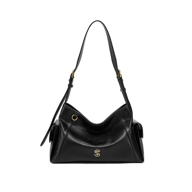 西木汀 归期 小众设计小个子慵懒松弛感百搭通勤 牛皮 托特包单肩包 大号 女款 深邃黑/米灰色