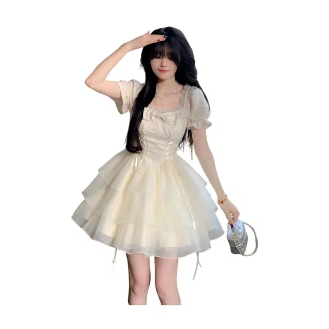 荟萃阁 甜美公主风蝴蝶结短款蓬蓬短袖连衣裙 女款