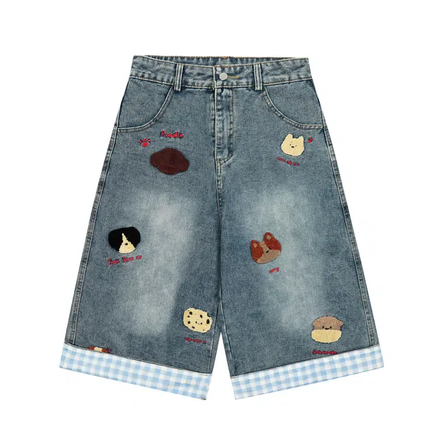 寻星记 美式水洗做旧小狗刺绣潮流复古宽松阔腿七分裤牛仔短裤 男女同款