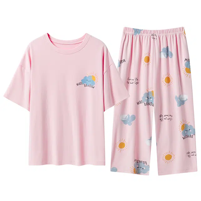 莫代尔 轻盈透气舒适经典百搭圆领套头柔软亲肤细腻宽松显瘦短袖七分裤不易起球家居可外穿睡衣套装 女款