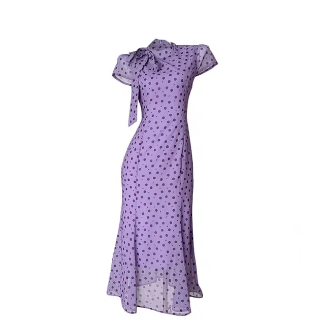 敲模女孩 法式气质优雅高级感蝴蝶结绑带泡泡袖波点收腰鱼尾裙短袖连衣裙 女款