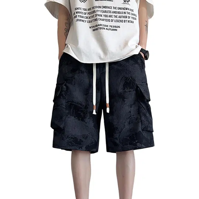 徐百货 新中式国风扎染水墨画五分裤夏季休闲宽松重磅五分裤潮流百搭工装短裤 男女同款