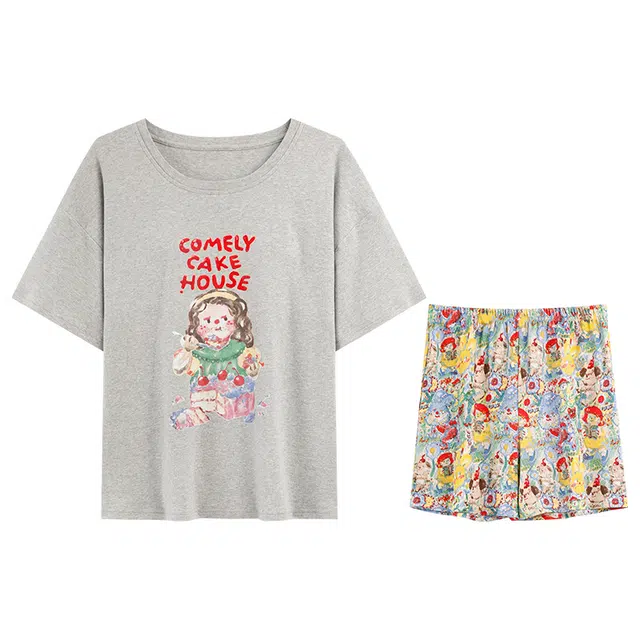 兰缪 带胸垫短袖三分裤薄款可爱圆领家居服夏季睡衣套装 女款