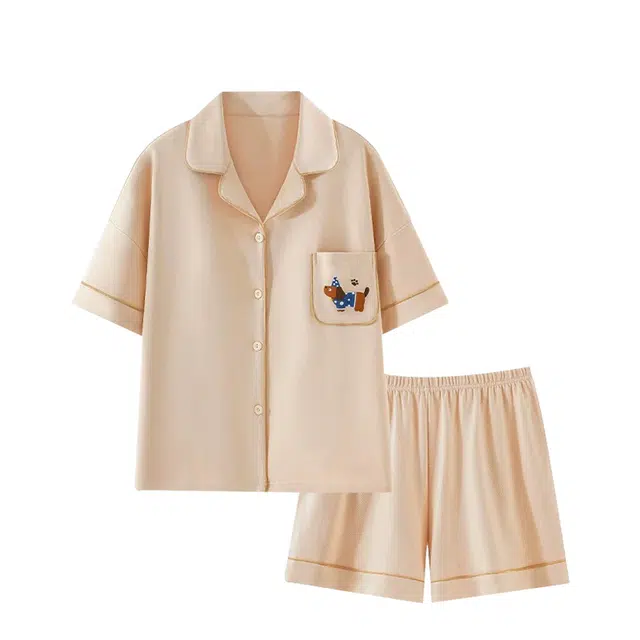 俏韵 卡通腊肠狗短袖三分裤带胸垫翻领家居服可外穿睡衣套装 女款