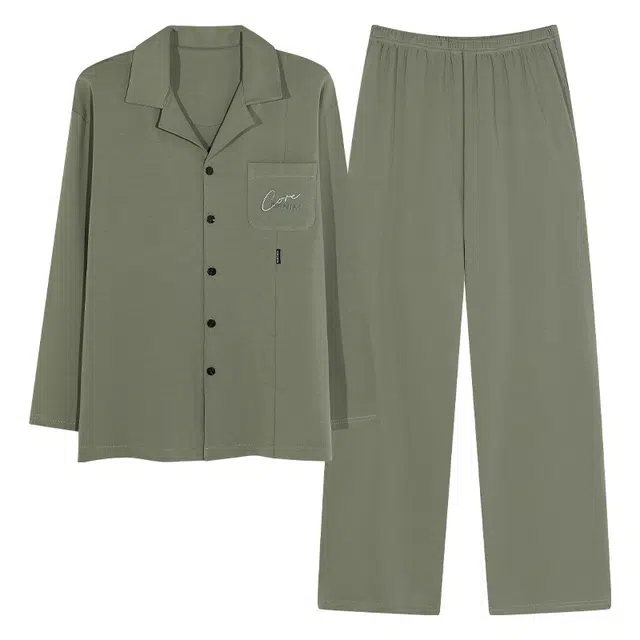 浮光岛屿 简约纯色时尚翻领高级感长袖长裤家居服舒适亲肤凉感休闲可外穿睡衣套装 男款 礼盒装 浅绿色