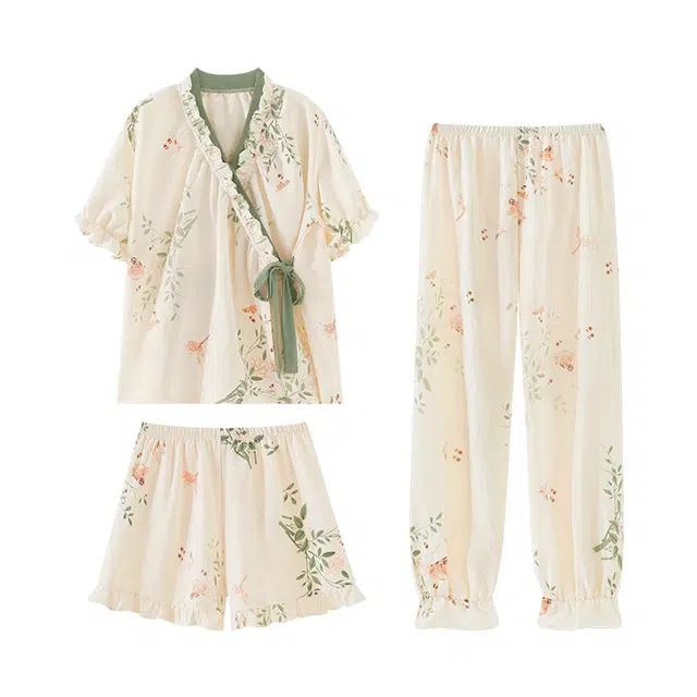 欧诗帛 亲肤系列 短袖三件套可外穿甜美家居服睡衣套装 女款