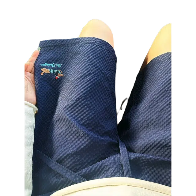 臣目 藏青色泡泡纱腊肠狗短裤男款夏季刺绣冰丝速干美式五分裤裤子 男女同款