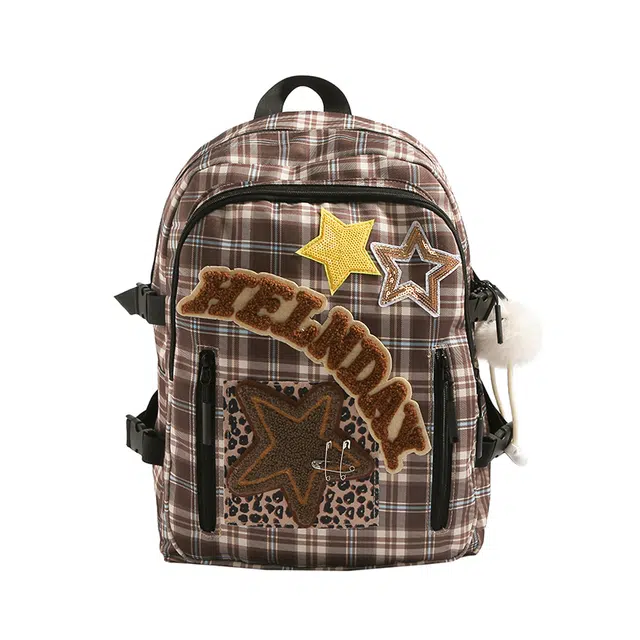 帕克熊 格子百搭学院小清新设计感时尚 尼龙布 双肩包 男女同款情侣款 棕色/红色/豹纹