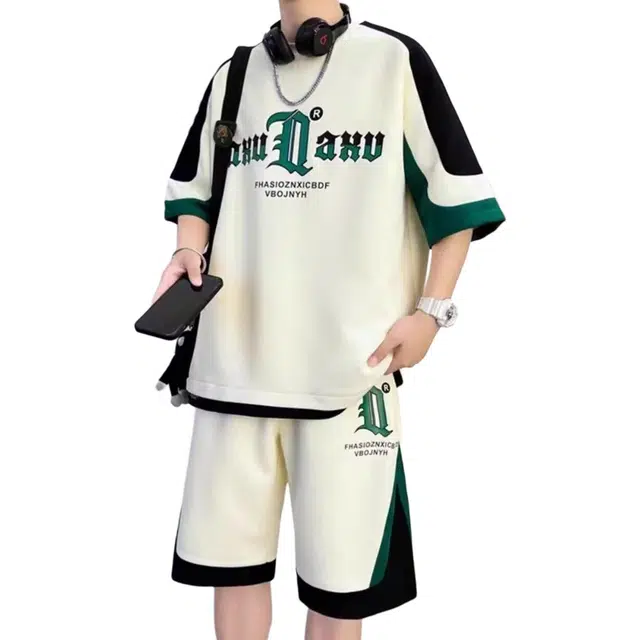 木木兔 韩版小众设计圆领时尚字母宽松短袖休闲运动套装 男款