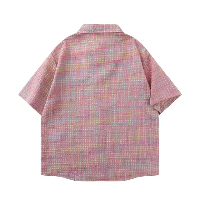 极限涡轮 美式复古格子多巴胺宽松廊形小众短袖衬衫 男女同款