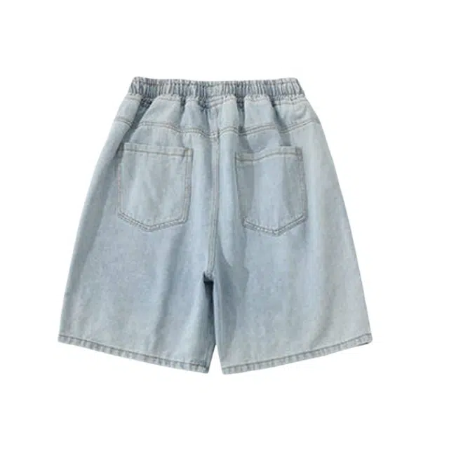 加荣 美式夏季薄款透气休闲宽松抽绳直筒水洗高街潮流复古青少年运动牛仔短裤 男女同款