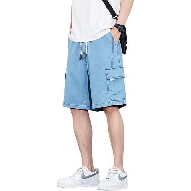 协协乐 高街风凉感透气工装夏季薄款通勤显高显瘦潮牌美式休闲宽松直筒五分裤牛仔短裤 男款