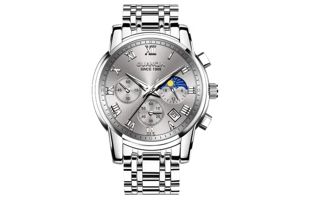 冠琴 多功能潮流时尚商务休闲百搭手表男 石英机芯 精钢表带 国表 男表 灰色表盘 日月星辰高颜值男生腕表礼盒