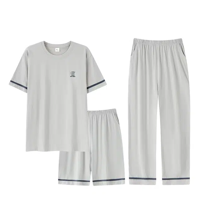 俏韵 圆领纯棉短袖长裤薄款家居服可外穿睡衣套装 男款