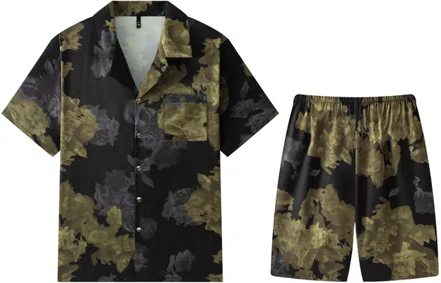 宫蝶 短袖复古风休闲家居服开衫宽松大码薄款睡衣套装 男款