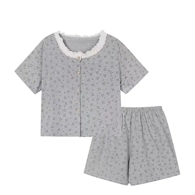 俏韵 圆领可爱带胸垫花边小熊短袖舒适亲肤家居服可外穿睡衣套装 女款