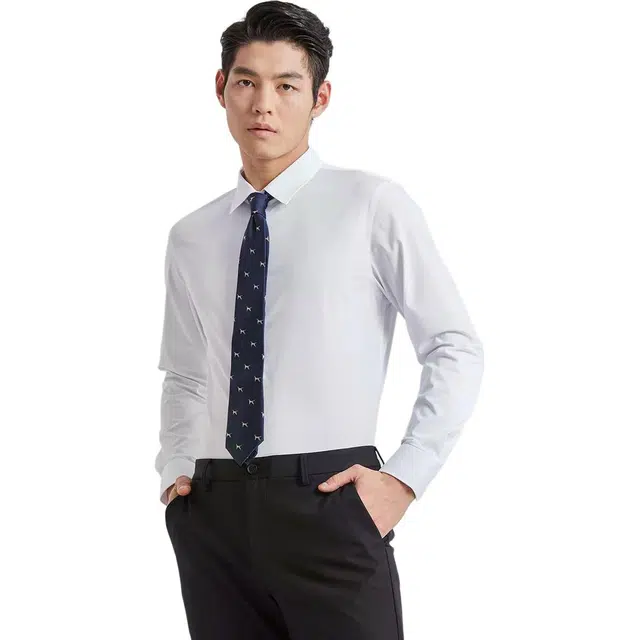 利郎 商务正装春纯色尖领常规标准长袖衬衫 男款