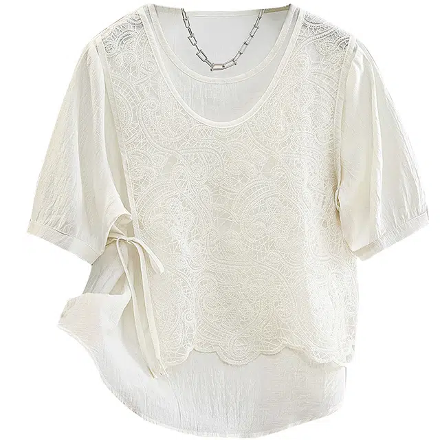 她池 小众圆领短袖套头衬衣蕾丝拼接假两件衬衫 女款