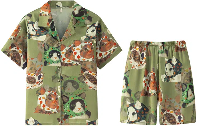 宫蝶 短袖复古风家居服开衫休闲宽松大码薄款睡衣套装 男款