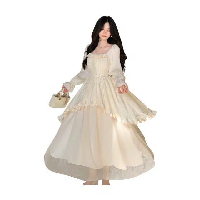 荟萃阁 法式气质仙女裙系带提花网纱拼接不规则大摆短袖连衣裙 女款