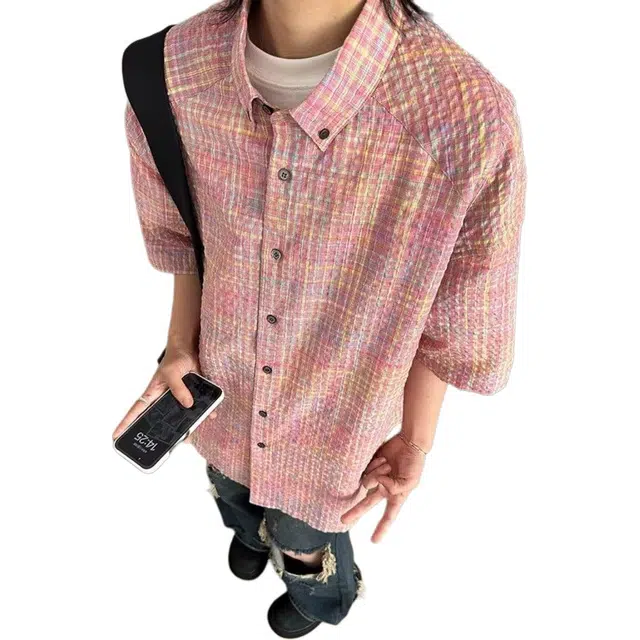 极限涡轮 美式复古格子多巴胺宽松廊形小众短袖衬衫 男女同款