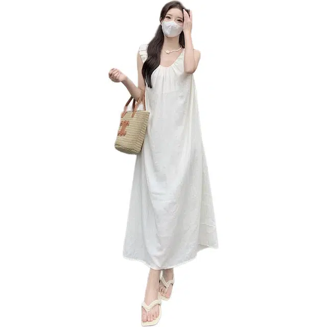 黛尔佳人 海边度假风沙滩气质显瘦长裙子无袖连衣裙 女款