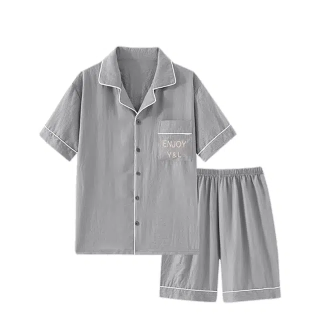 俏韵 韩版翻领短袖休闲简约家居服可外穿睡衣套装 男款