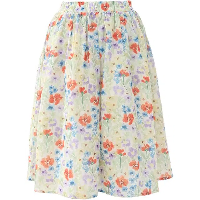 玫丝朵 复古高腰碎花半身裙花卉伞裙百搭百褶法式浪漫休闲长裙 女款