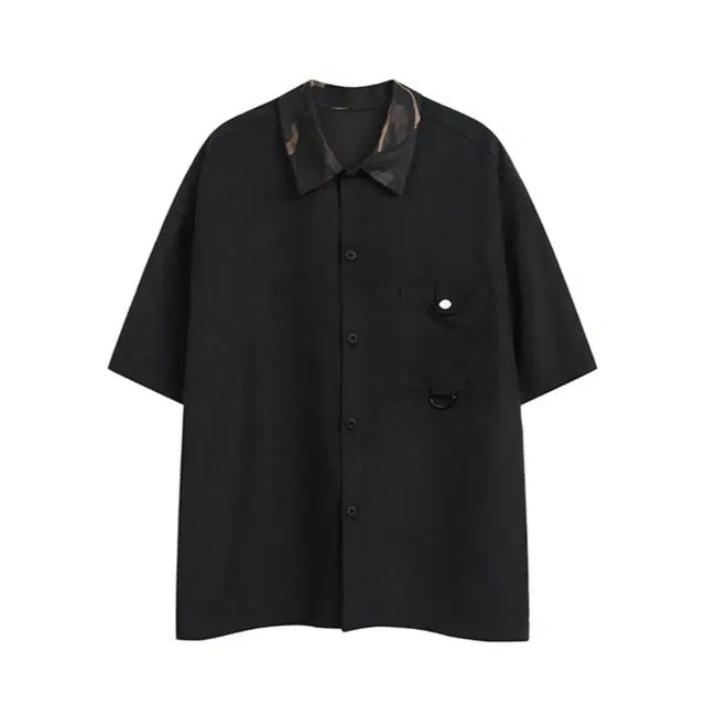 加荣 美式迷彩翻领拼接设计感宽松休闲短袖衬衫 男女同款