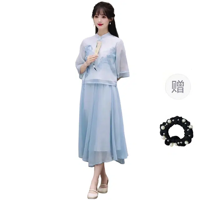 雾闪闪 新中式国风温婉水墨印花七分喇叭袖系带衬衫高腰显瘦半身裙裙装套装 女款