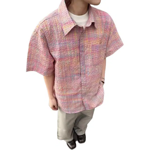 极限涡轮 美式复古格子多巴胺宽松廊形小众短袖衬衫 男女同款