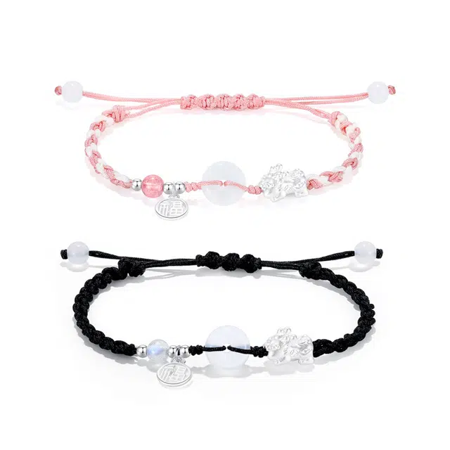 银千惠 新中式足银情缘貔貅平安扣镂空福牌转运珠编绳手饰小众简约纯银吞金兽可调节手绳爱情财运双丰收处理 玉髓 手绳 男女同款情侣款