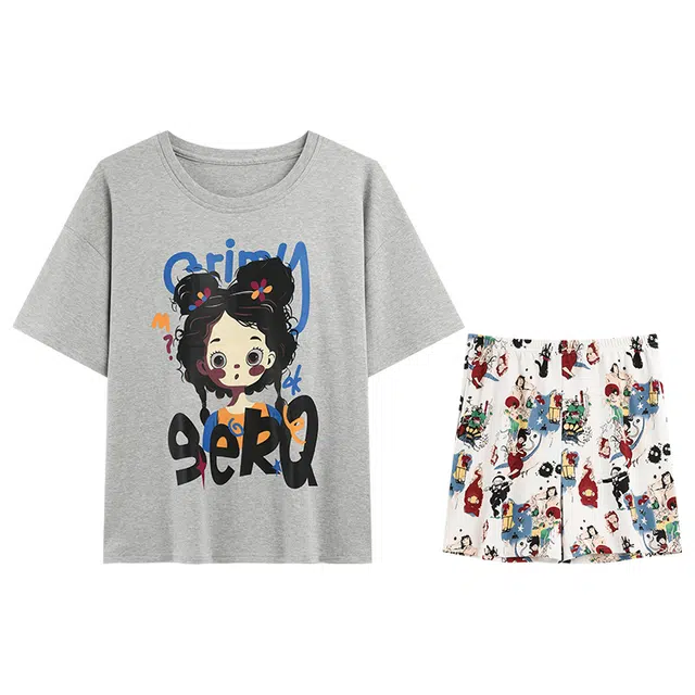 向薇 简约韩版短袖带胸垫可外穿家居服睡衣套装 女款