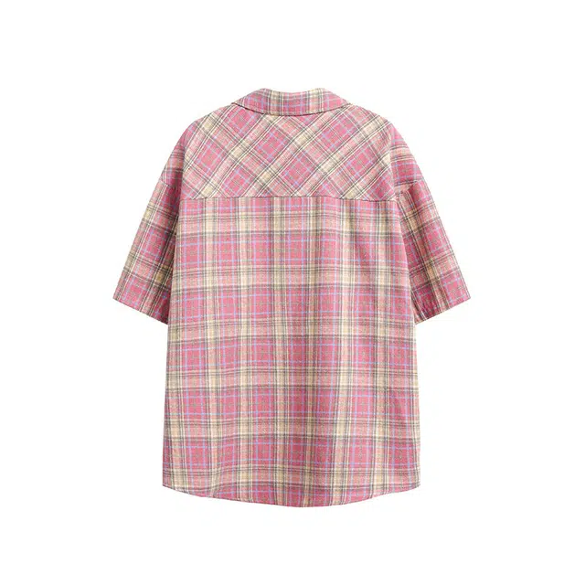 欧路得 美式格纹多巴胺撞色复古宽松休闲设计感短袖衬衫 男款