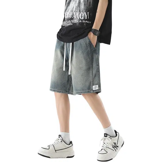 寻星记 美式高街潮流宽松水洗纯色五分裤多种设计元素融合牛仔短裤 男女同款