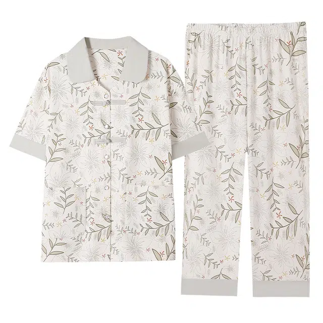 潞优野 开衫短袖七分裤薄款可外穿中国风夏季睡衣套装 女款