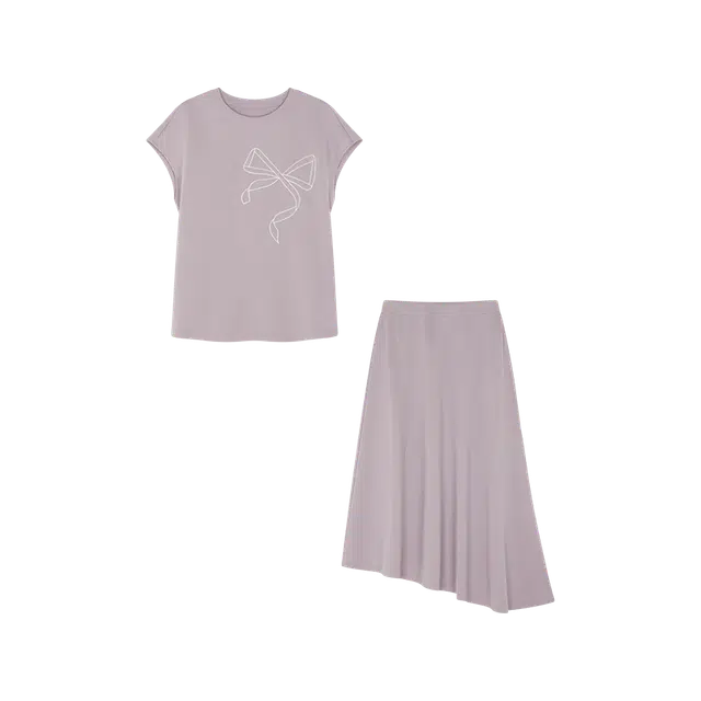 沫晗依美 蝴蝶结绣花不规则伞裙常规短袖圆领休闲高腰裙装套装 女款