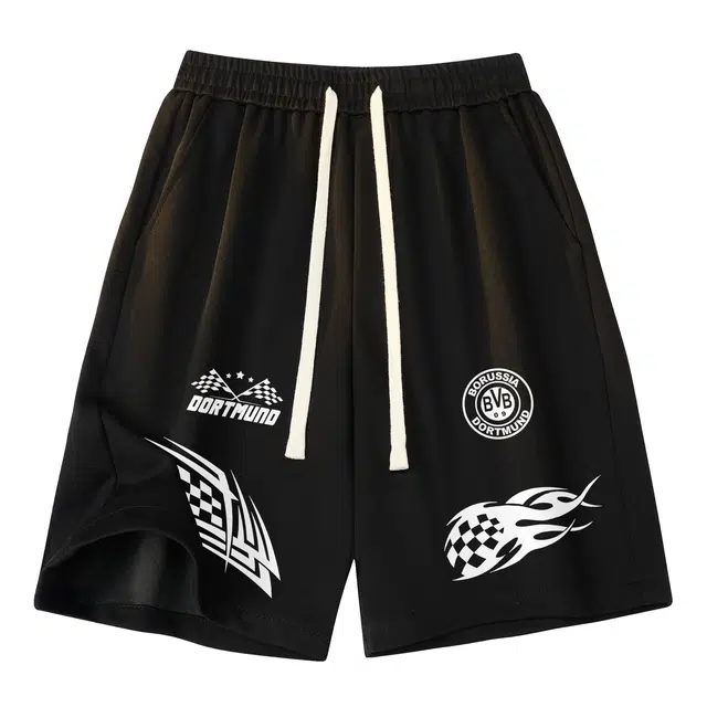 普鲁士多特蒙德 美式复古街头简约基础设计赛车队徽潮牌图案印花宽松舒适百搭时尚透气凉感吸湿排汗亲肤速干运动五分休闲短裤 男女同款
