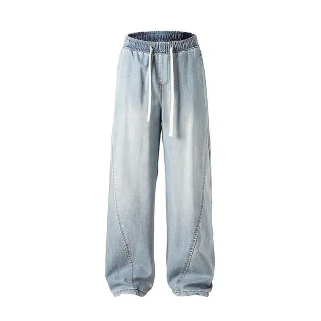 大白鲨 夏季轻薄舒适透气莱赛尔拼接时尚抽绳松紧腰做旧水洗复古美式高街工装牛仔裤 男女同款