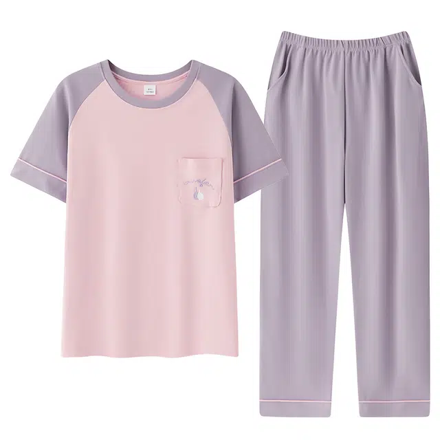 莫代尔 宽松显瘦轻盈透气个性圆领套头纯棉百搭舒适柔软亲肤细腻短袖长裤不易起球家居服可外穿睡衣套装 女款