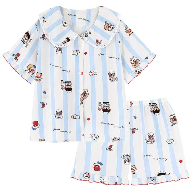 俏韵 翻领条纹小狗云朵棉短袖甜美公主风家居服可外穿睡衣套装 女款